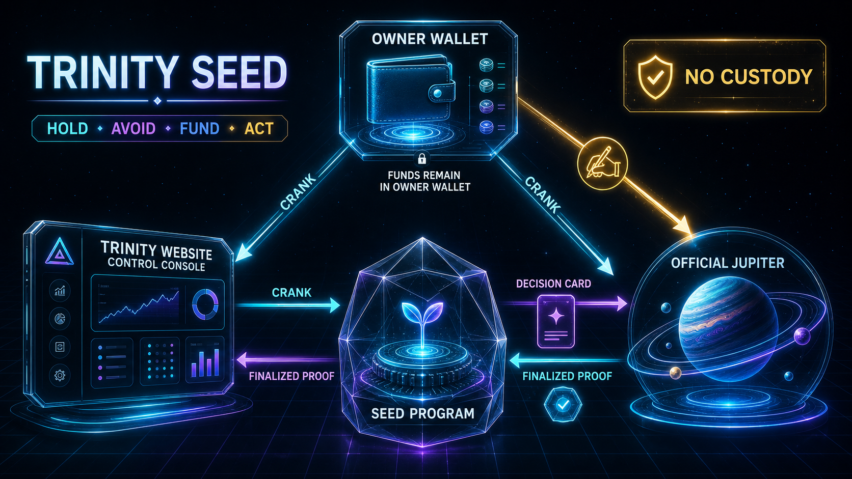 Trinity Seed control loop connecting the owner wallet, website, decision program, and separate Jupiter portal.